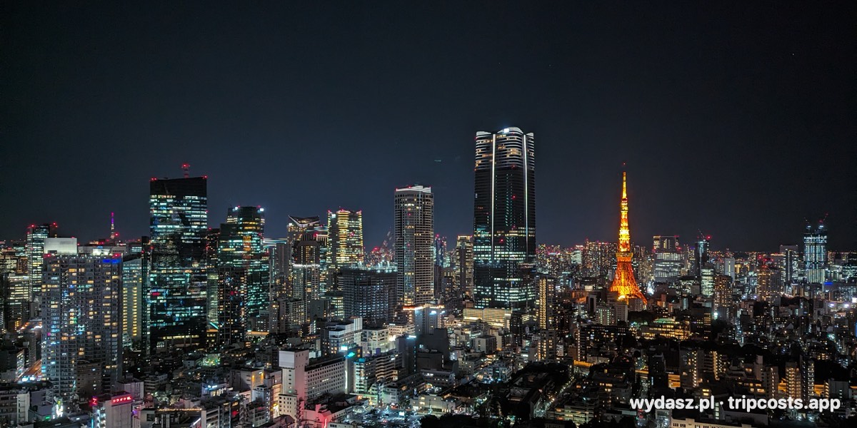 Nocna panorama Tokio z wieżowcami i podświetloną Tokyo Tower